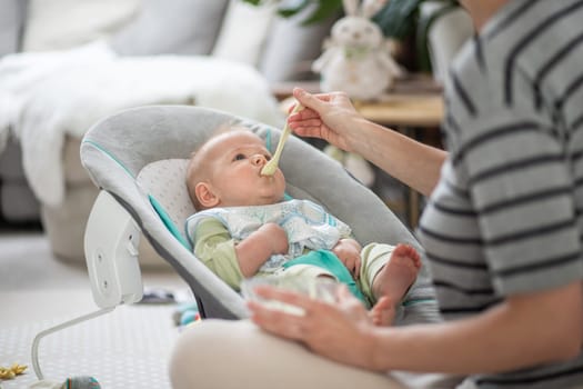 Mother spoon feeding her baby boy child in baby chair with fruit puree. Baby solid food introduction concept