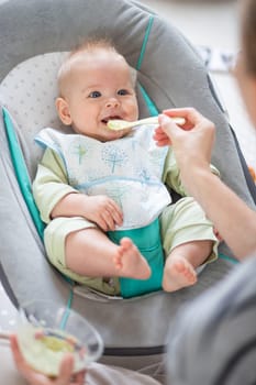 Mother spoon feeding her baby boy child in baby chair with fruit puree. Baby solid food introduction concept