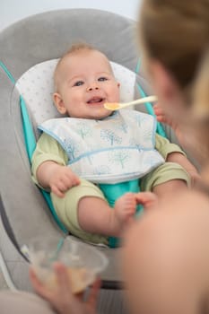 Mother spoon feeding her baby boy child in baby chair with fruit puree. Baby solid food introduction concept