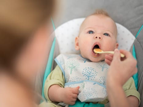 Mother spoon feeding her baby boy child in baby chair with fruit puree. Baby solid food introduction concept