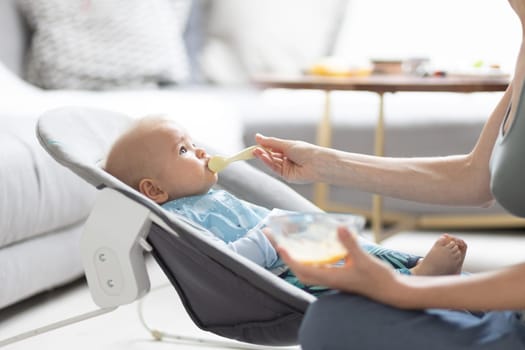 Mother spoon feeding her baby boy child in baby chair with fruit puree. Baby solid food introduction concept