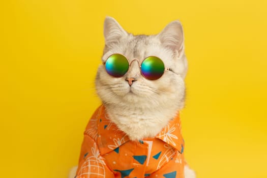 Cute white cat are wear sunglass and orange shirt on the yellow background, looks sideways. Close up