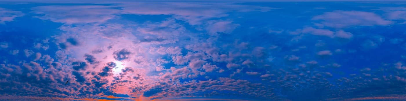 Overcast sky panorama on sunset with Cumulus clouds in Seamless spherical equirectangular format as full zenith for use in 3D graphics, game and aerial drone 360 degree panoramas for sky replacement