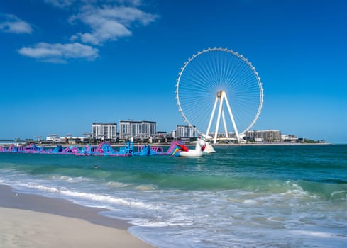 Early morning view of Ain Dubai Observation Wheel on BlueWaters Island off the coast by JBR beach