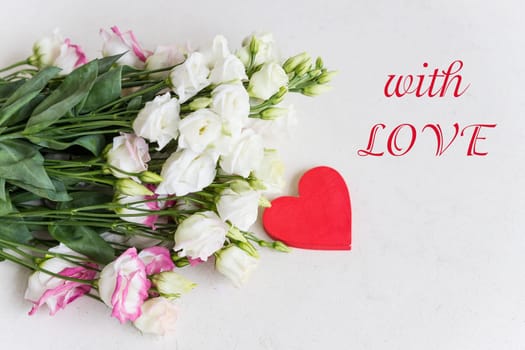 bouquet of delicate roses, eustoma, hydrangea .Flowers composition. Flower card mockup. Mother's Day, Valentine's Day, birthday. Copy space. Congratulatory template. Wedding invitation.Selective focus