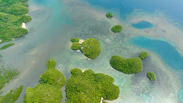 Top view of lagoon with tropical islands Bay with hills. Sipalay, Negros, Philippines.