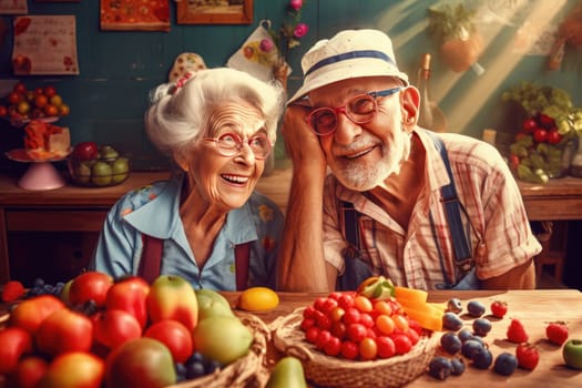 Proper Nutrition. Giving up bad habits, health, a strong body, Older age to be happy and cheerful and cheerful, Senior couple, old seniority, Healthy eating, fruits and vegetables
