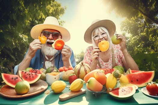 Proper Nutrition. Giving up bad habits, health, a strong body, Older age to be happy and cheerful and cheerful, Senior couple, old seniority, Healthy eating, fruits and vegetables