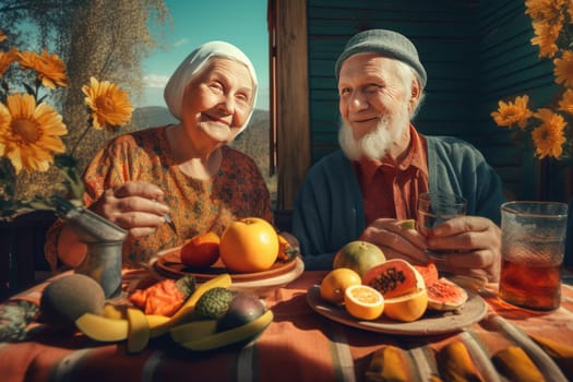 Proper Nutrition. Giving up bad habits, health, a strong body, Older age to be happy and cheerful and cheerful, Senior couple, old seniority, Healthy eating, fruits and vegetables