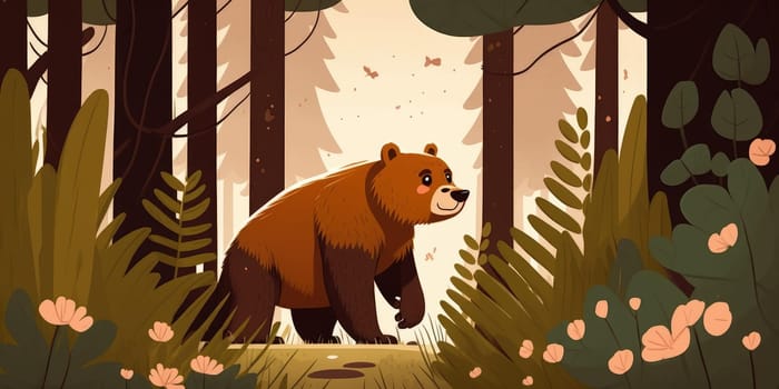 Brown bear in a forest super cute cartoon art style nordic style. Generative AI AIG16.