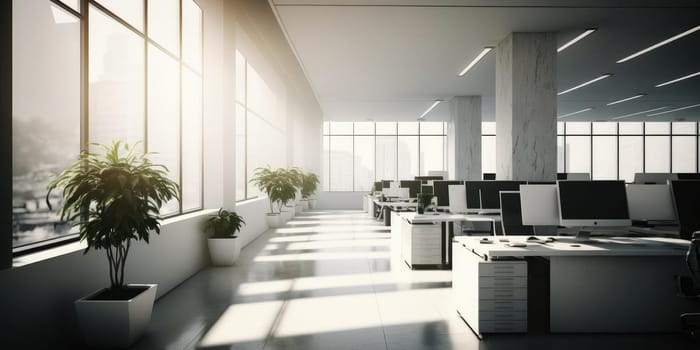 White and bright office workplace interior design. superlative generative AI image.