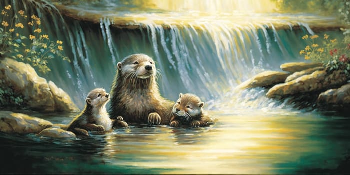 A majestic waterfall cascading down a towering cliff into a peaceful lake surrounded lush trees family of otters in water. Generative AI AIG16.