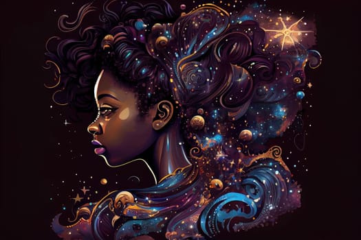 A cute African American teenage goddess with beautiful afrocentric hairstyle made from celestial bodies fade into the universe. Generative AI AIG16.