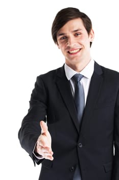 Young business man stretching out hand for shaking, nice to meet you concept, isolated on white background