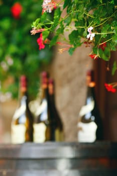 Wine bottles on wodden barrel, winemaking concept