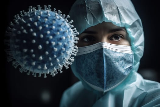 Virus, non-cellular infectious agent, bacteria resposible influenza dangerous flu strain pandemic. Microscope. corona virus disease Viruses in infected organism , viral disease epidemic.