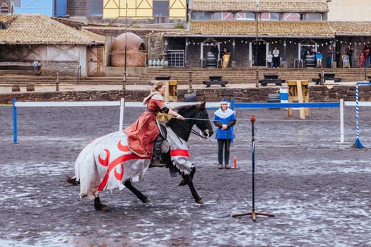 BALLARAT, AUSTRALIA - April 7 2023: Medieval horse show at the popular tourism destination of Kryal Castle which is a medieval village near the country Victorian town of Ballarat on a stormy autumn morning