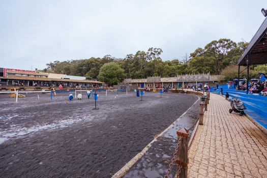 BALLARAT, AUSTRALIA - April 7 2023: Medieval horse show at the popular tourism destination of Kryal Castle which is a medieval village near the country Victorian town of Ballarat on a stormy autumn morning
