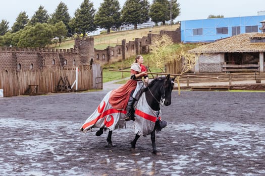 BALLARAT, AUSTRALIA - April 7 2023: Medieval horse show at the popular tourism destination of Kryal Castle which is a medieval village near the country Victorian town of Ballarat on a stormy autumn morning