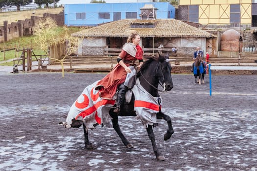 BALLARAT, AUSTRALIA - April 7 2023: Medieval horse show at the popular tourism destination of Kryal Castle which is a medieval village near the country Victorian town of Ballarat on a stormy autumn morning