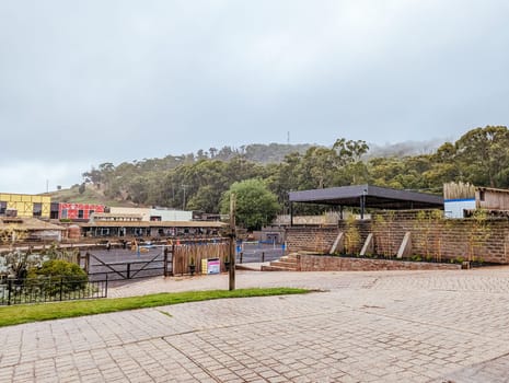 BALLARAT, AUSTRALIA - April 7 2023: The popular tourism destination of Kryal Castle which is a medieval village near the country Victorian town of Ballarat on a stormy autumn morning