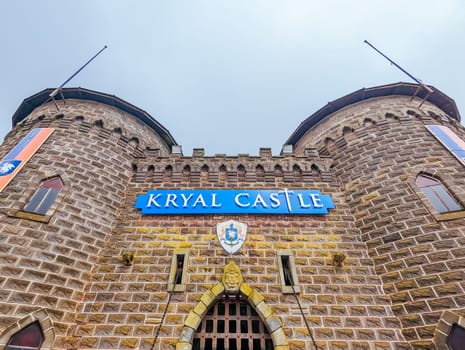 BALLARAT, AUSTRALIA - April 7 2023: The popular tourism destination of Kryal Castle which is a medieval village near the country Victorian town of Ballarat on a stormy autumn morning