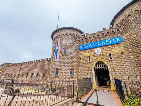BALLARAT, AUSTRALIA - April 7 2023: The popular tourism destination of Kryal Castle which is a medieval village near the country Victorian town of Ballarat on a stormy autumn morning