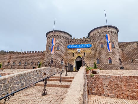 BALLARAT, AUSTRALIA - April 7 2023: The popular tourism destination of Kryal Castle which is a medieval village near the country Victorian town of Ballarat on a stormy autumn morning