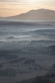 Amazing mountain landscape in a foggy morning in Muntanyola town in Catalonia