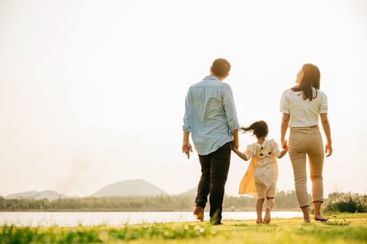 A young Asian girl holding hands with her parents and walking in a green field, with a sunny sky and a feeling of joy and happiness, Happy Family day, back view