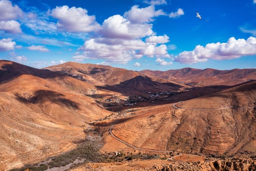 Betancuria National Park on the Fuerteventura Island, Canary Islands, Spain. Spectacular view of the picturesque mountain landscape from the drone of the Betancuria National Park in Fuerteventura
