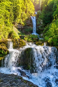 Waterfalls Giessbach in the Bernese Oberland, Switzerland. Giessbach waterfall flow to lake Brienz in Interlaken Switzerland. Giessbach Falls on Lake Brienz in the Bernese Oberland in Switzerland.