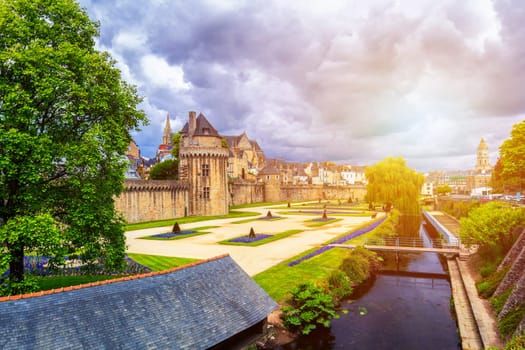 Walls of the ancient town and the gardens in Vannes. Brittany (Bretagne), Northern France.