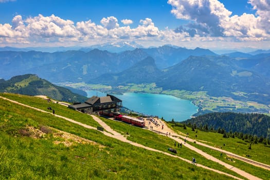 Schafberges aufgenommen, Mountain landscape in Salzkammergut, Upper Austria. View from Schafberg peak to Mondsee, Austria. Himmelspforte Schafberg in Austria, between Mondsee and Wolfgangsee lakes.