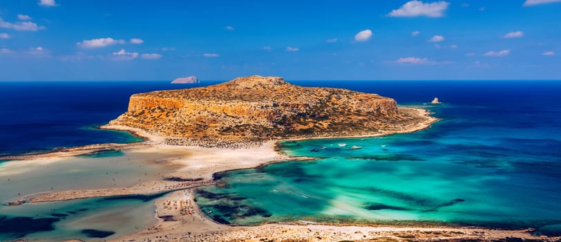 Amazing beach with turquoise water at Balos Lagoon and Gramvousa in Crete, Greece. Cap tigani in the center. Balos beach on Crete island, Greece. Landscape of Balos beach at Crete island in Greece.