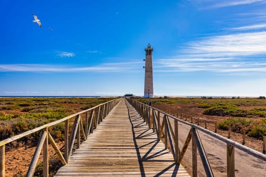 Lighthouse on Morro Jable beach on Jandia peninsula in sunrise light, Fuerteventura, Canary Islands, Spain. Faro de Morro Jable Lighthouse, Fuerteventura.