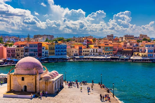 Picturesque old port of Chania. Landmarks of Crete island. Greece. Bay of Chania at sunny summer day, Crete Greece. View of the old port of Chania, Crete, Greece. The port of chania, or Hania. 