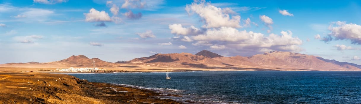 Betancuria National Park on the Fuerteventura Island, Canary Islands, Spain. Spectacular view of the picturesque mountain landscape from the drone of the Betancuria National Park in Fuerteventura