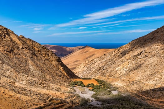 Betancuria National Park on the Fuerteventura Island, Canary Islands, Spain. Spectacular view of the picturesque mountain landscape from the drone of the Betancuria National Park in Fuerteventura
