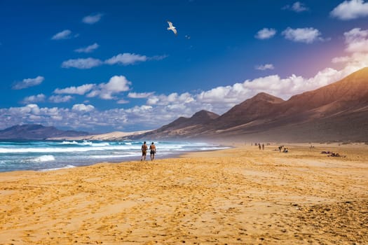 Amazing Cofete beach with endless horizon. Volcanic hills in the background and Atlantic Ocean. Cofete beach, Fuerteventura, Canary Islands, Spain. Playa de Cofete, Fuerteventura, Canary Islands.