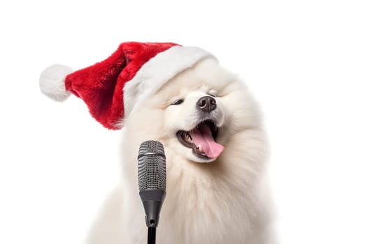 A white fluffy samoyed dog in a Santa Claus hat. Big dog in a red Santa hat. New year or Christmas Banner with copy cpace. Samoyed sings into the microphone.