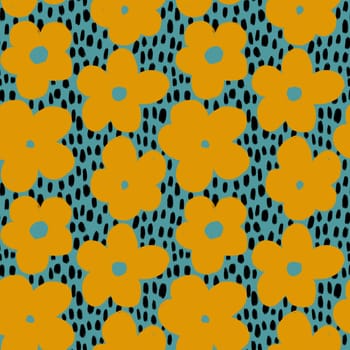 Hand drawn seamless pattern with yellow daisy flowers, floral print on blue teal background with black dots spots. Colorful mid century modern design, retro vintage decoration art