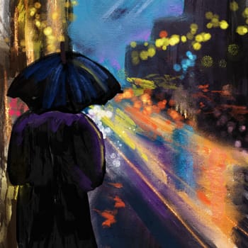 Hand drawn illustration of man womn with umbrella in night evening city town. Lights traffic busy street cityscape, illuminated urban drive skyline, oil painting sketch