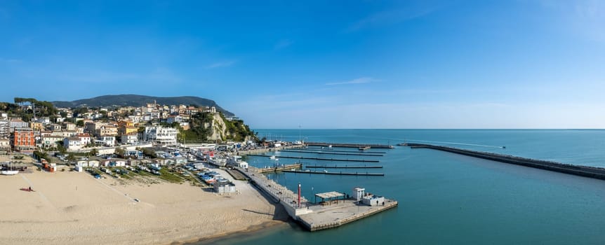 Aerial drone view of Numana town , Conero Mount, Adriatic Sea beach in Le Marche region, Italy , Europa