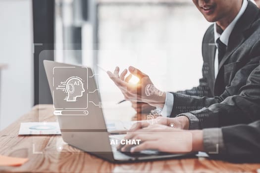 Chatbot Chat with AI, Artificial Intelligence. Business woman using technology smart robot AI. Futuristic technology transformation, finance, teamwork, Big data Graphs Charts concept.