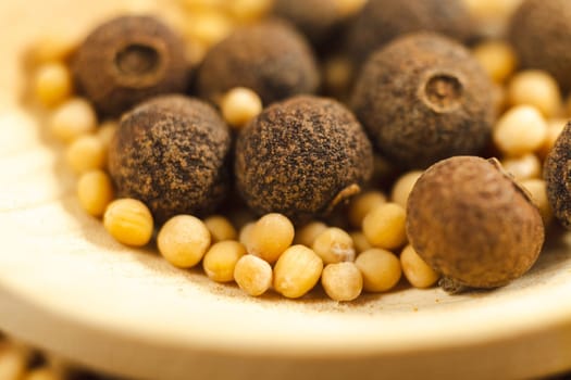 Indian spices, dried black mustard seeds. Close up. Selective focus