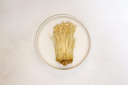 Popular in asian cuisine fresh needle mushroom or enoki close up, enokitake Flammulina velutipes.