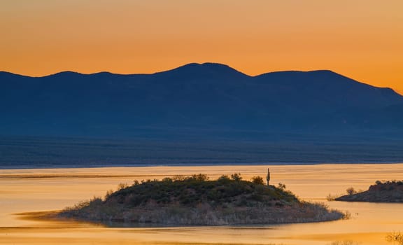 Dawn over Roosevelt Lake with Island, AZ