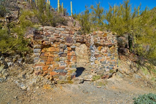 Ruined stone structure along Gould Mine Trail in Saguaro National Park, Tucson Arizona.