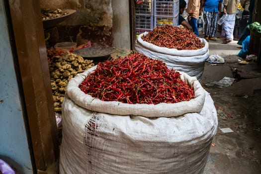 sack with Dried Red chilli. hot peppers in the market